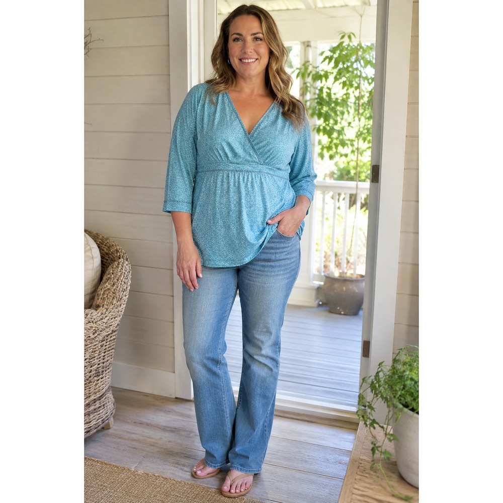 Eddie Bauer Womens Top Blouse 3/4 Sleeve Blue Patterned V Neck 16 Cottagecore